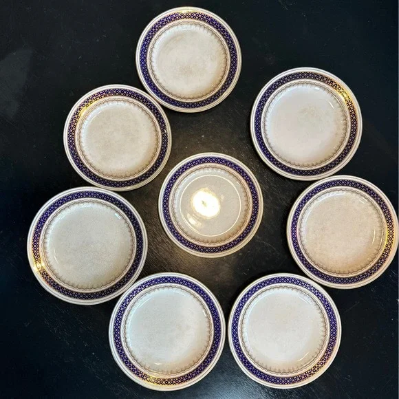 Keeling &‎ Co Losol Ware Grasmere Dessert Plates 8pc Blue Gold Antique