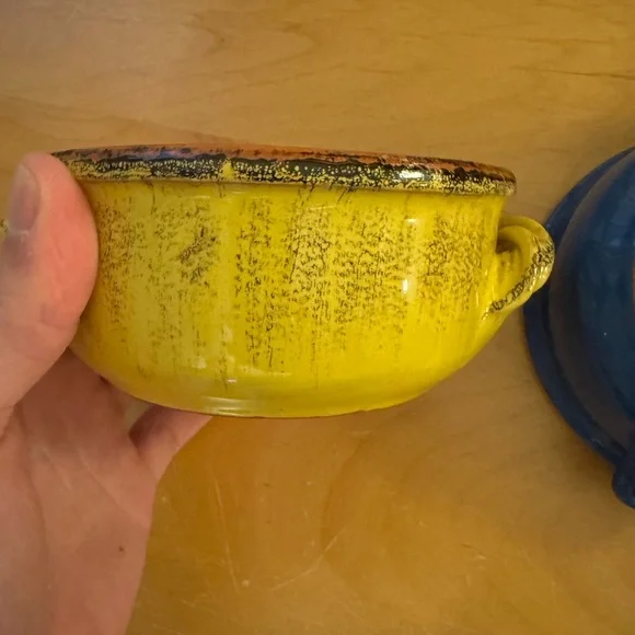 Set‎ of 2 Vintage De Silva Italy Terracotta Soup Bowls - Blue & Yellow