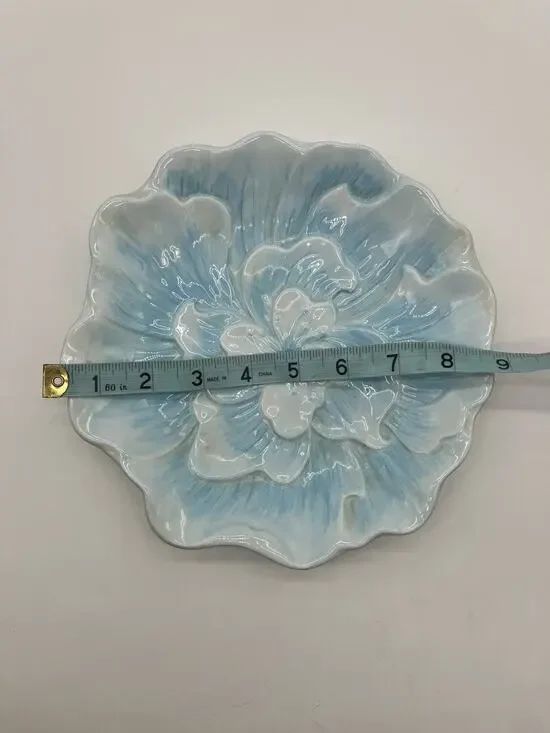 Vintage Blue White Majolica Style Floral Plate Relief Flower Ceramic Decorative