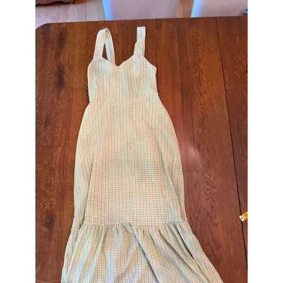 MNG Mango Green Gingham Seersucker Midi Dress Smocked Back Size S