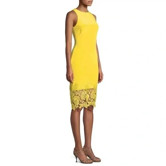Theia Yellow Midi Dress‎ with Lace Detail