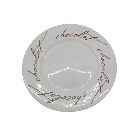 Crate & Barrel Chocolat Dessert Plate White Ceramic Brown Script