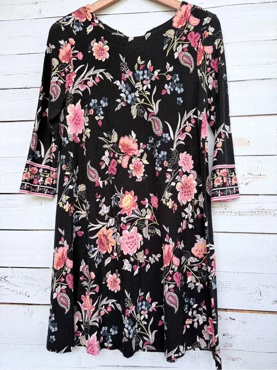 LOFT Black Floral Paisley Shift Dress 3/4 Sleeve - Size Small