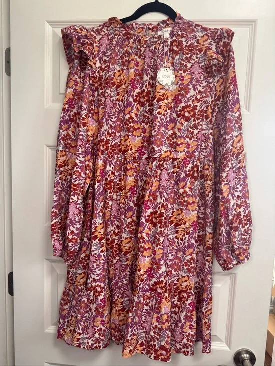 ODDY Floral Ruffle-Shoulder Midi Dress in Pink & Orange