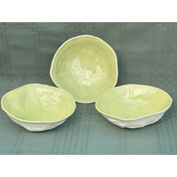 3 Vintage Hand Built Ceramic Bowls Celadon Green Glazed Inner Textured Raw Base