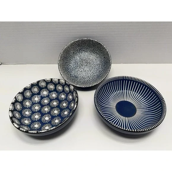 3 Creative Co-Op Stoneware Dipping Bowls Blue White Japanese Pattern EUC!