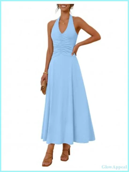 Formal Halter Maxi Dress - Backless Sleeveless V Neck Ruched Cocktail Wedding