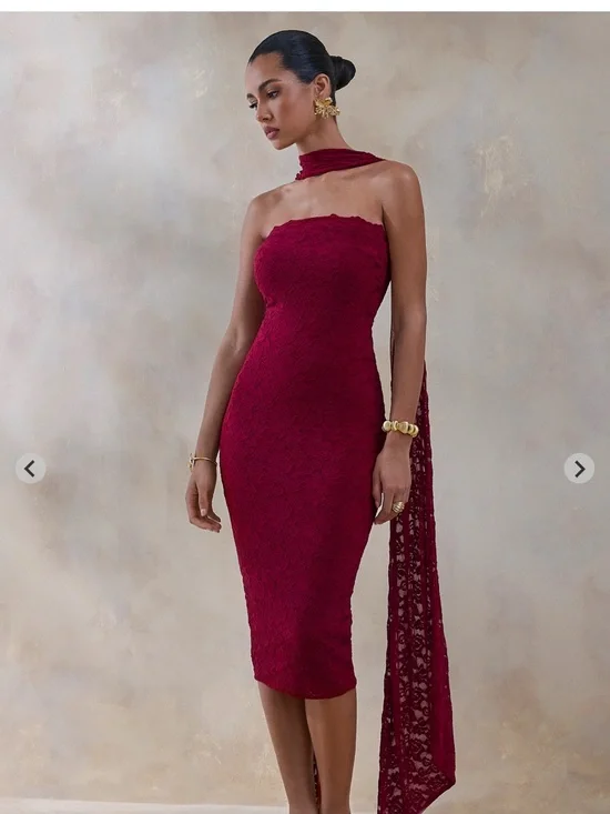 Strapless Lace Midi Dress in Deep Berry