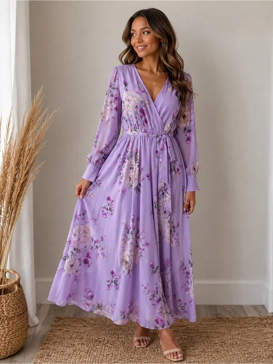 ANRABESS Lavender Floral Faux Wrap Maxi Dress XL Wedding Guest