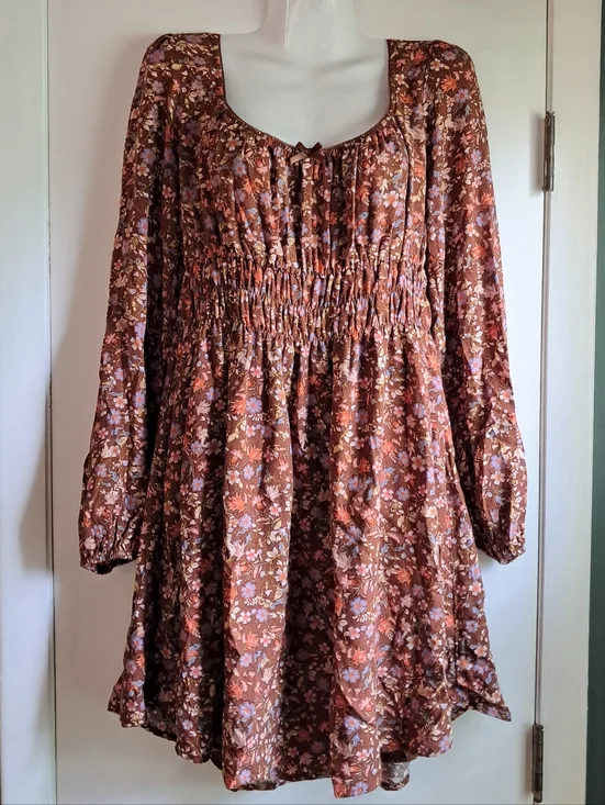 Oak & Trellis Brown Floral Peasant Romantic Prairie Long Sleeve Dress