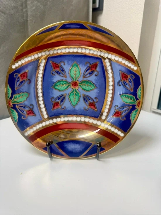 Hand-Painted Decorative Porcelain Plate in Blue, Gold & Red, Gold Buffer- 1999