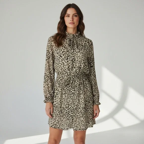 LOFT Leopard Print Ruffle Neck Tie Waist Long Sleeve Mini Dress Brown Tan 12