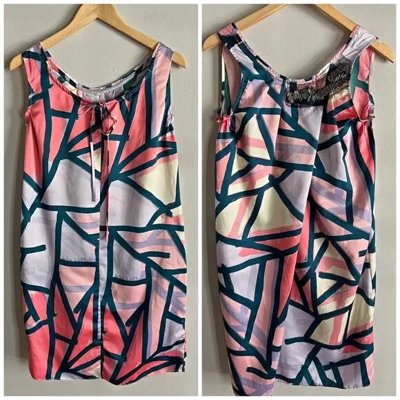 Simply Vera Wang Abstract Print Dress Beaded Neck Shift Mini XS Chic
