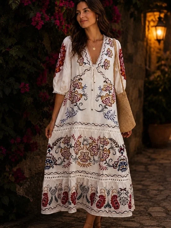 Calypso St. Barth Cream Linen Maxi Dress with Multicolor Floral Embroidery