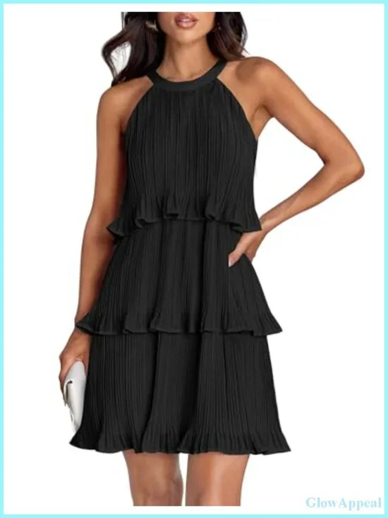 Sleeveless Halter Cocktail Dress Ruffle Tiered Chiffon Pleated Wedding Guest