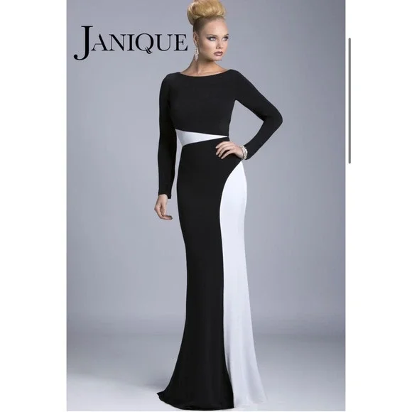 $398 NWT Janique Kourosh Gown Women 8 Black White Colorblock Formal Dress K6426