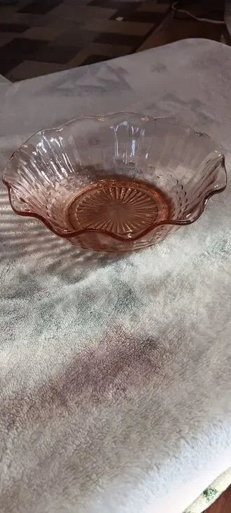 Pink Pressed Depression Glass Small Bowl Candy Dish Ruffled Edges Raised Designs
