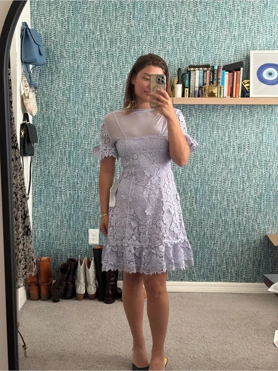 Dress the population Lace Fit-and-Flare Dress in Light Lavender
