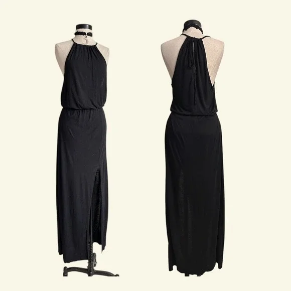 Black Halter Maxi Dress High Slit Elastic Waist Stretchy LARGE Summer Vacation