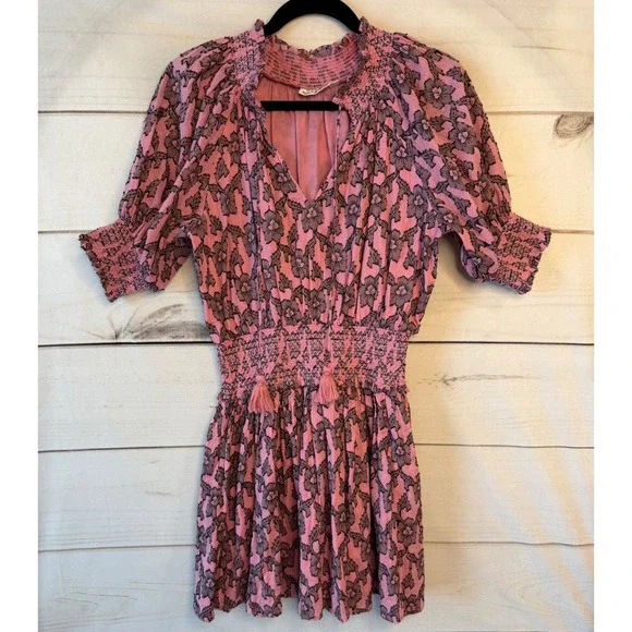 Roller Rabbit Pink Floral Block Print Smocked Mini Dress Tassel V-Neck Cotton S
