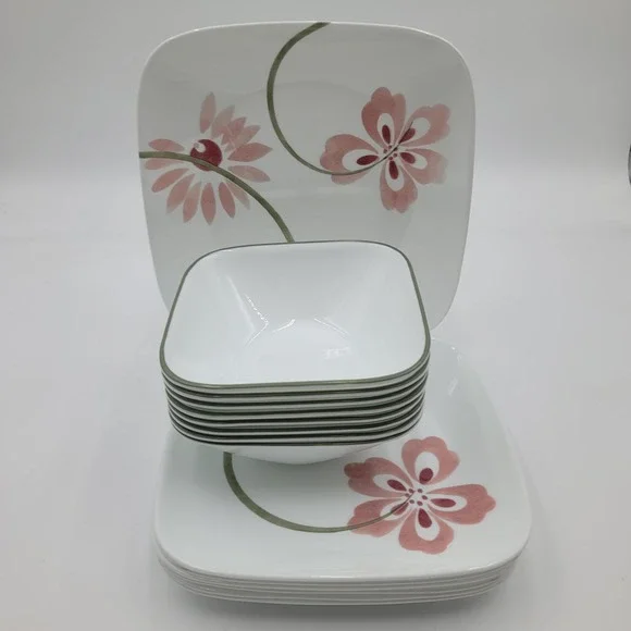15pc Corelle Vitrelle Square Dinnerware Set Pretty Pink Flower Made in USA
