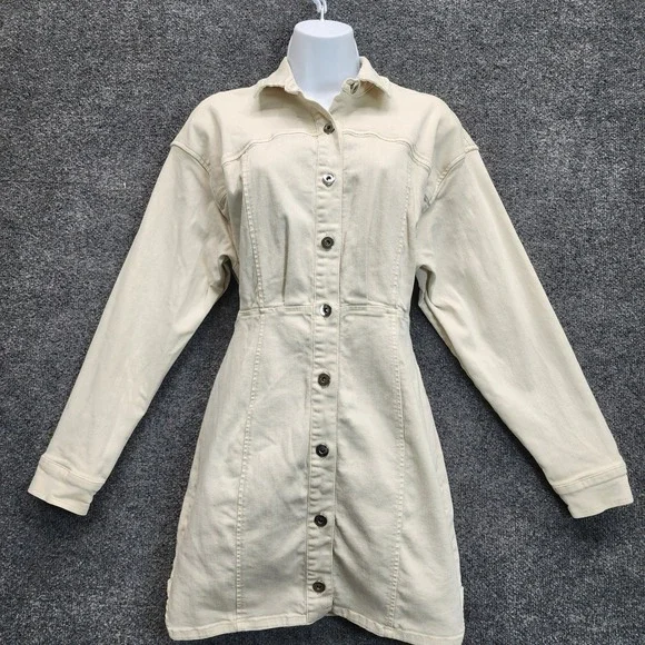 Free People Women's Denim Button Front Long Sleeve Mini Shirt Dress Size 6