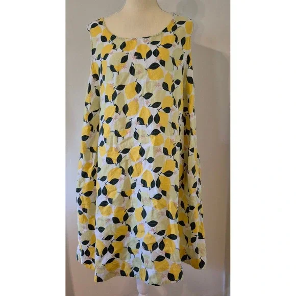 Lemon Fruit Print 2X Plus 100% Linen Shift Dress Sleeveless Pockets Euro Summer