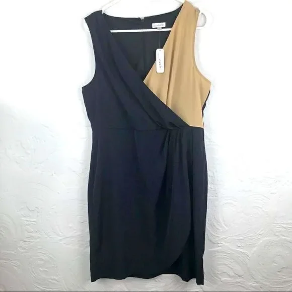 Charming Charlie Black Tan Cross Front Wrap style Pencil Dress NEW