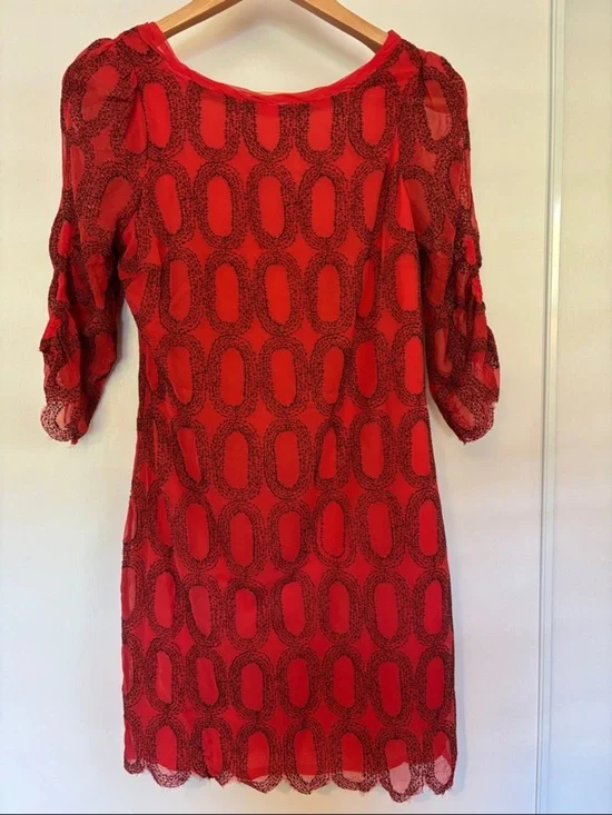 Silk Midi Dress Size Small Red Black Romantic Geometric Puff Sleeve Artsy Dainty