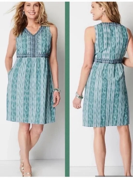 J. JILL Summer Casual Sleeveless V-Neck Embroidered Teal & White Print Dress LP