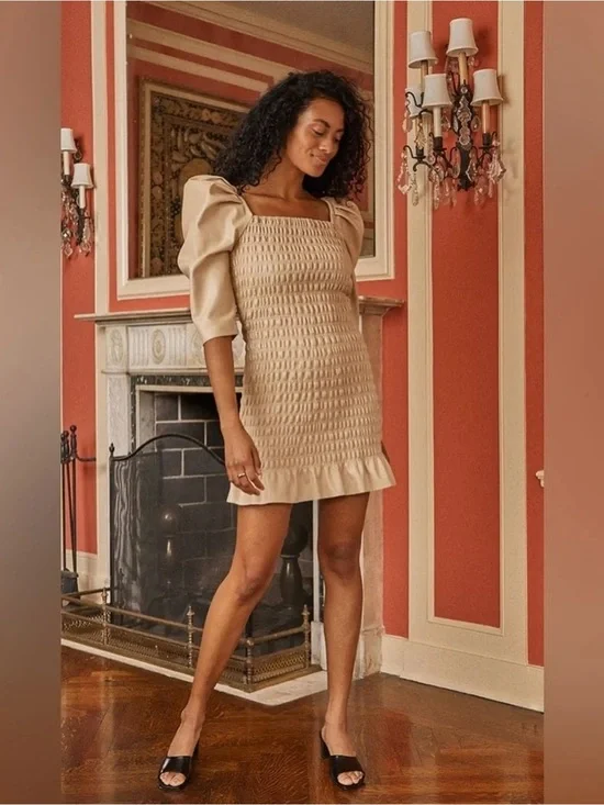 Saylor Justina Smocked Vegan Leather Puff Sleeve Mini Dress Taupe Beige