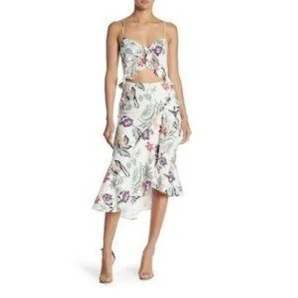 WAYF Floral Print Midi Dress Tie-Front Cutout Back Tropical‎ White M