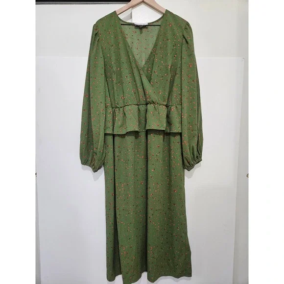 Eloquii Elements Green‎ Abstract Print Ruffle Waist Midi Dress Womens Size 16