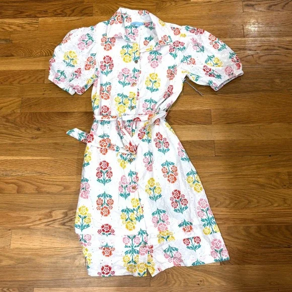Draper James RSVP Floral Eyelet Shirt Dress White‎ Puff Sleeve Belted Small