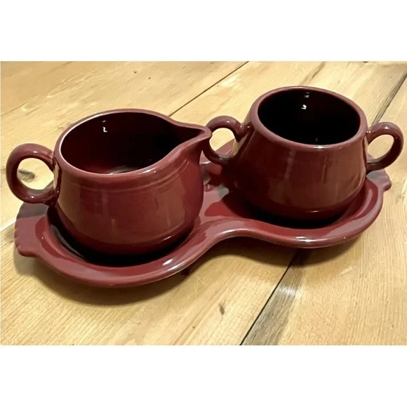 FIESTAWARE Sugar Bowl & Creamer Set Homer Laughlin Cinnabar ~ 3 pieces Maroon