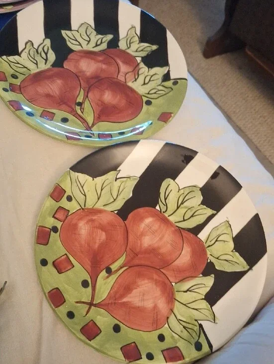 Two Painted Green & Purple & Two Black & Red Small Plates - Set of 2- 8