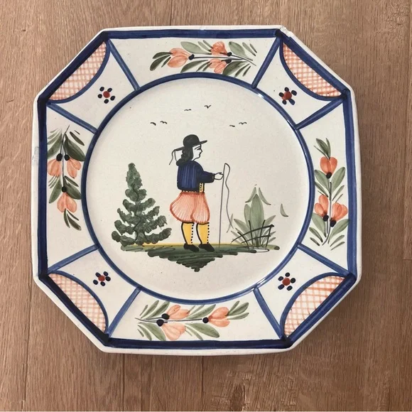 Vintage 1918-1942s HB Quimper France Mistral Blue Dinner‎ Plate Octagonal 10.75”