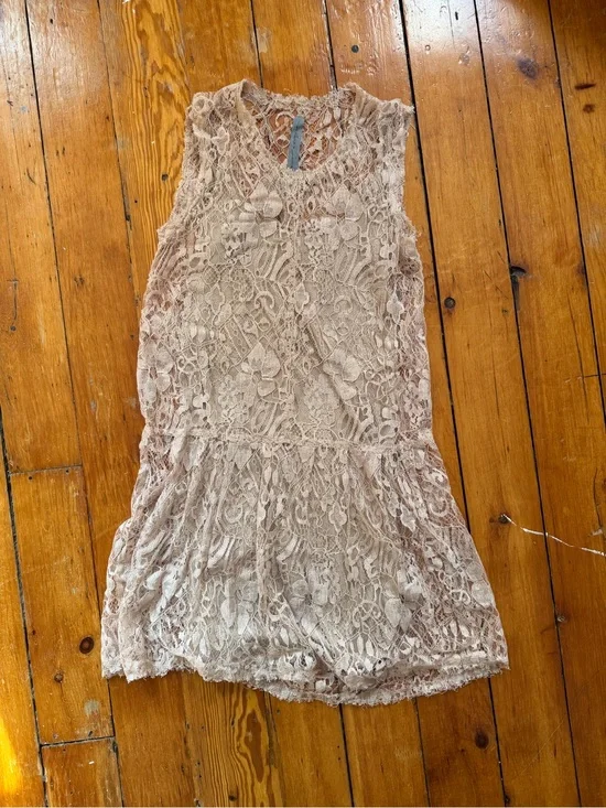 Raquel Allegra Nude Blush Lace Mini Dress