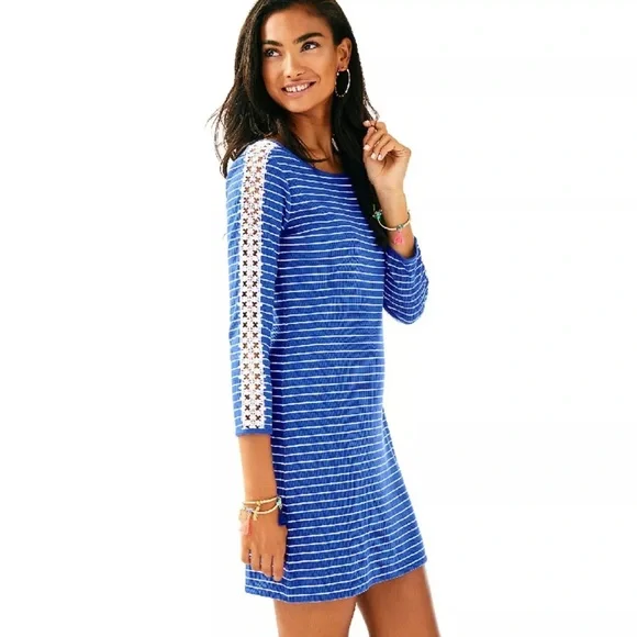 Lilly Pulitzer MARLOWE‎ BECKON Blue BREEZE Striped Rib Knit Dress Crochet SMALL