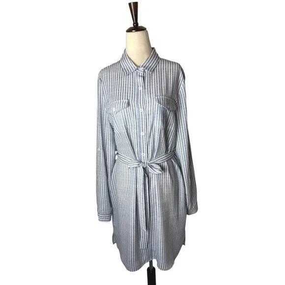 Joy‎ Joy Dress Women Large Blue White Striped Button Front Tie Waist Shirt NWT