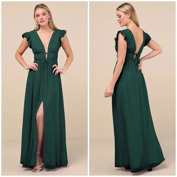 Lulu's Deep Forest Green Ruffle Sleeve Maxi Dress