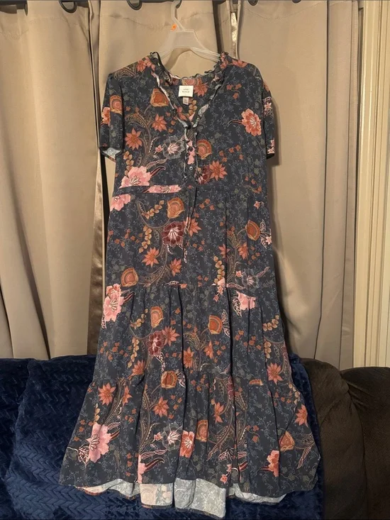 Knox Rose Navy Floral Tiered Maxi Dress with Pink and Orange Accents