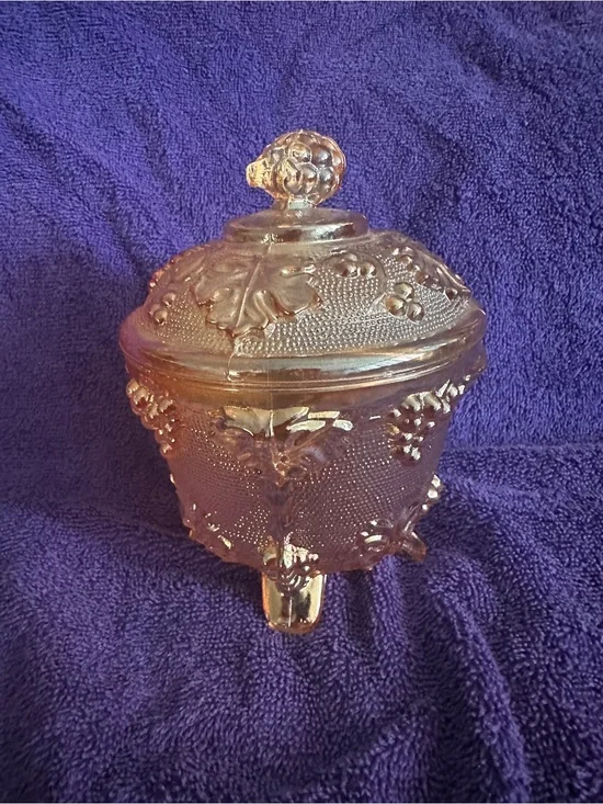 Jeanette Depression Carnival Glass  Harvest Grape Footed Candy Dish with Lid