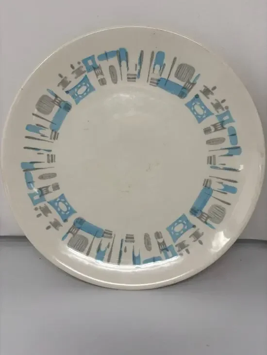 Vintage 10” Blue Heaven Round China Platter Serving Plate Dish MCM Retro Atomic