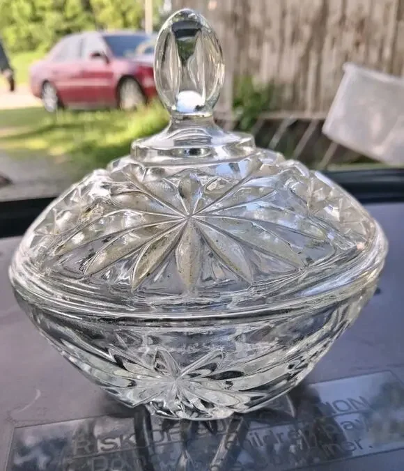 Lidded Candy Dish Anchor Hocking EAPC Prescut STAR OF DAVID Starburst & Fan