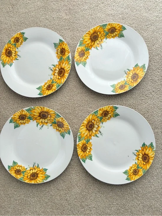 Sunflower Accent Ceramic Dinner Plates - Yellow Floral (4-Pack)