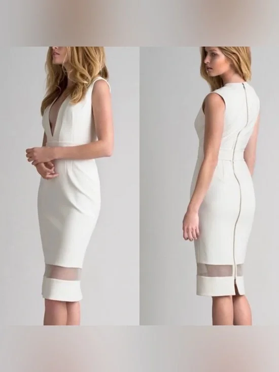 Nicholas Deep V-Neck Mesh Bottom Belted Midi Sheath Dress White Size 6 Cocktail