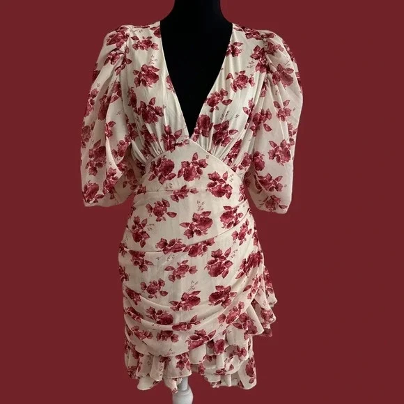 Nasty Gal US Size 6 Floral‎ Puff Sleeve Ruffle Mini Dress V Neck Wedding Guest