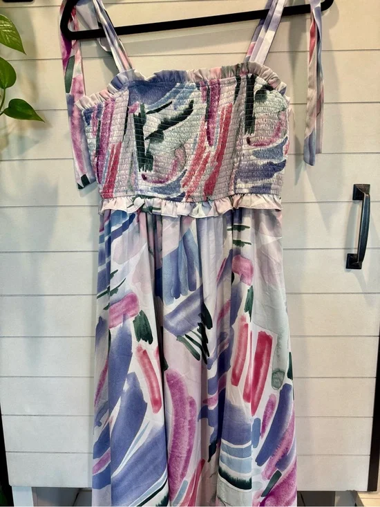JODIFL Pastel Watercolor Midi Dress in Pink, Purple & Green