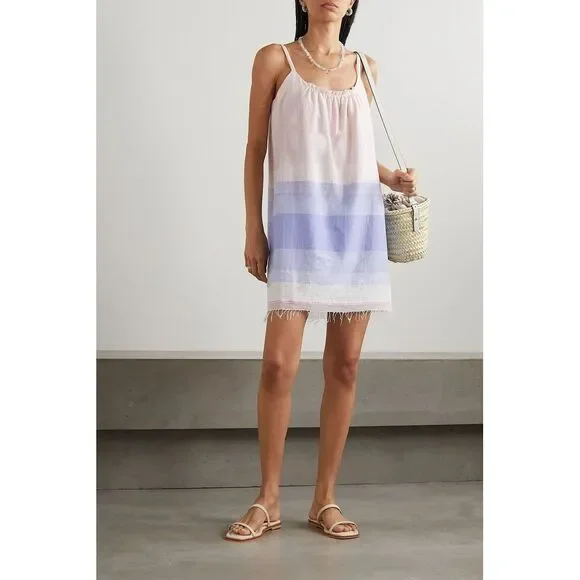 LEMLEM Womens Jelba Fringed Striped Cotton Mini Dress‎ Pastel Pink Size Small